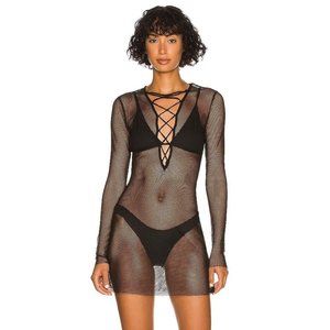 WeWoreWhat NWT V Neck Lace Up Mini Dress Coverup in Solid Fishnet size Large